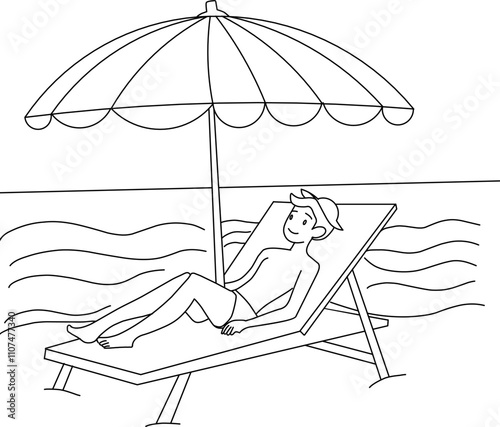 Black and white illustration of a man relaxing on a sunbed under a beach umbrella with ocean waves in the background