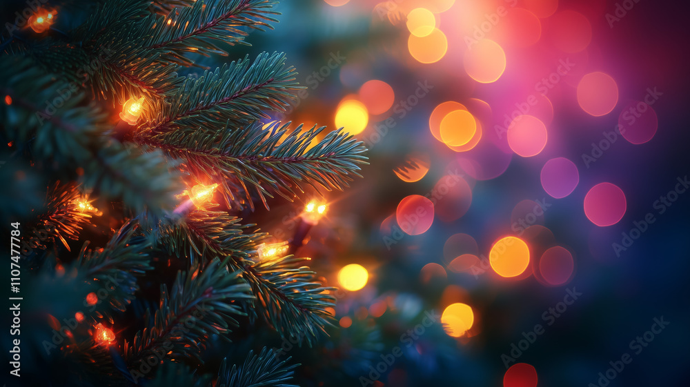 Fototapeta premium Christmas tree branch with colorful holiday lights and vibrant bokeh
