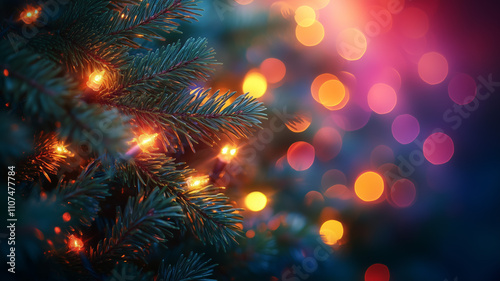 Christmas tree branch with colorful holiday lights and vibrant bokeh