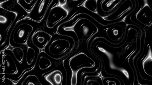 3D black and white flowing liquid pattern with glowing highlights. 4K Glossy abstract surface featuring smooth, wavy textures resembling polished marble or futuristic topography map