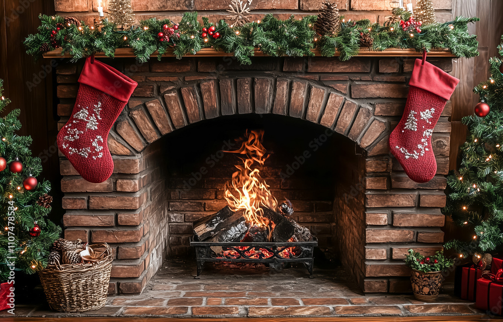 Obraz premium Brick fireplace with christmas stockings and festive garland decor