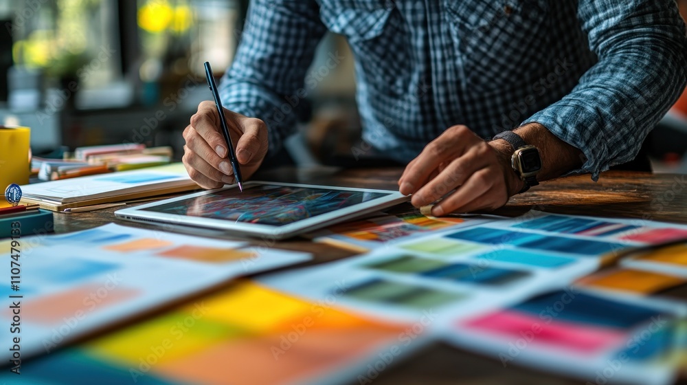 Obraz premium Man using stylus on tablet, surrounded by color swatches and design papers.