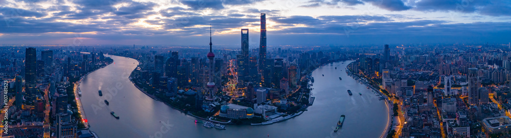 Fototapeta premium Aerial view of Shanghai skyline at sunrise