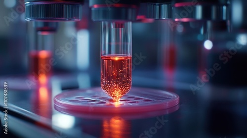 Close-up of automated liquid handling system dispensing red liquid into a microplate. photo