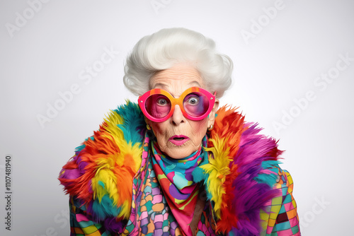 Funny, extravagant and surprised old woman with funny eyeglasses and dressed with ivid colors, isolated on a white background.