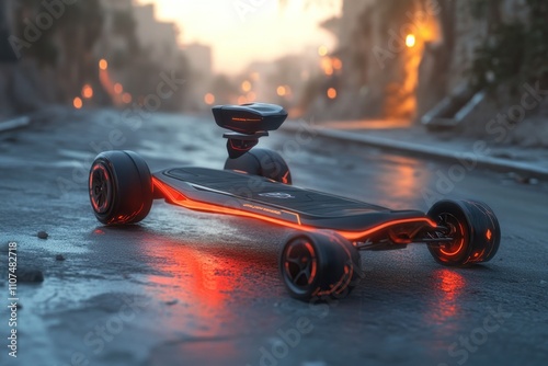 Futuristic electric skateboard on a post-apocalyptic road at sunset.
