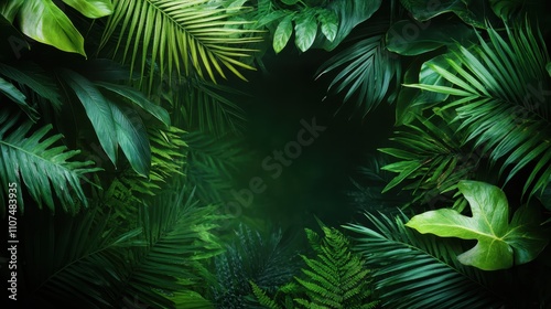 Nature-themed image depicting green tropical leaves forming a frame around a dark empty center, symbolizing serenity, growth, and natural abundance. photo