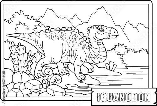 prehistoric dinosaur iguanodon, coloring book for children, outline illustration