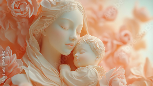 Mother and child sculpture surrounded by blooming roses in soft pastel colors during a serene moment of connection. Generative AI