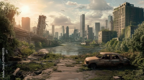 A car is parked in a field next to a river. The car is old and rusted