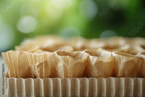 Close-up of a biodegradable egg carton with brown paper cups, blurred green background. photo