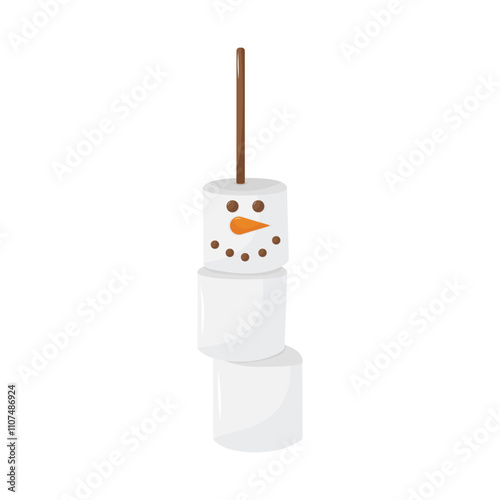 Cute marshmallow snowman. Seasonal flavored products. Isolated a white background for card, postcard, cover. EPS 10