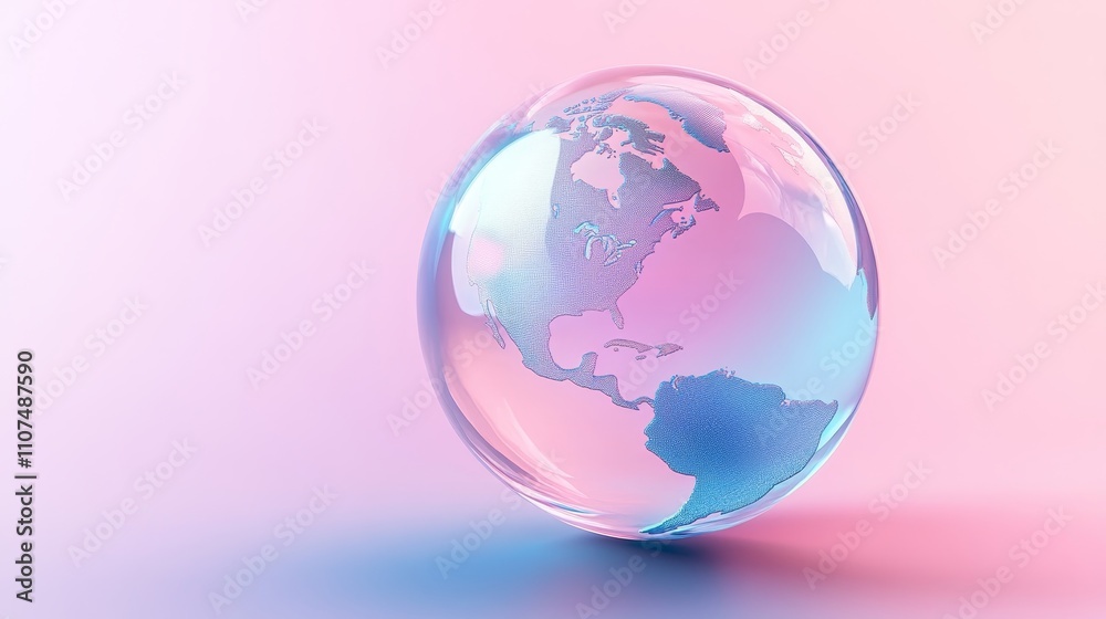 Transparent globe on pink and blue gradient background, world map sphere art, artistic earth image, modern abstract design Transparent globe on pink and blue gradient background, world map sphere art, artistic earth image, modern abstract design