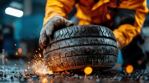 A dedicated worker in a yellow safety uniform rolls a tire as sparks fly, highlighting the importance of safety and precision in an active industrial workshop environment. photo