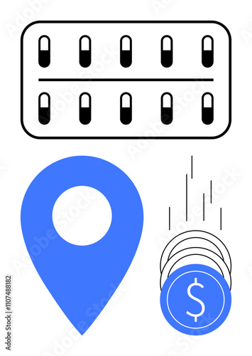 Blue location pin, black and white pill blister pack, and falling coins with dollar signs. Ideal for healthcare, financial transactions, payment methods, savings, investments, locations