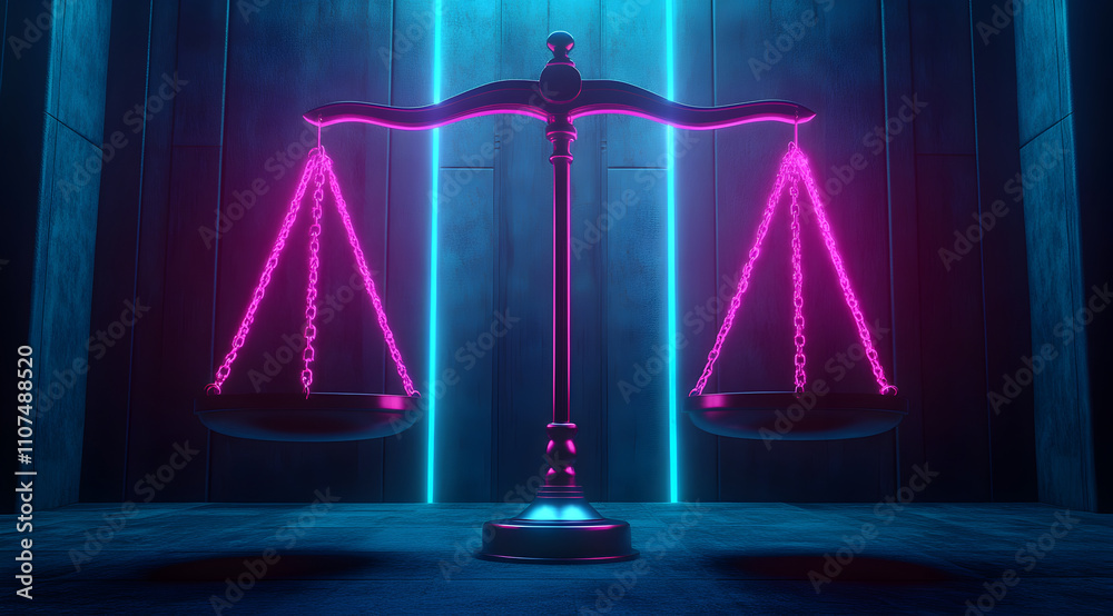 A digital depiction of a neon-lit balance scale, symbolizing justice and fairness in a modern, futuristic setting. A digital depiction of a neon-lit balance scale, symbolizing justice and fairness in a modern, futuristic setting.