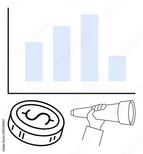 Business chart with increasing bars. Hand holding a telescope signifying future planning. Coin representing financial gains. Ideal for financial analysis, business planning, investment prospects photo