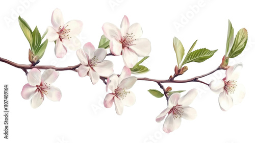 A delicate branch adorned with pink cherry blossoms and vibrant green leaves.