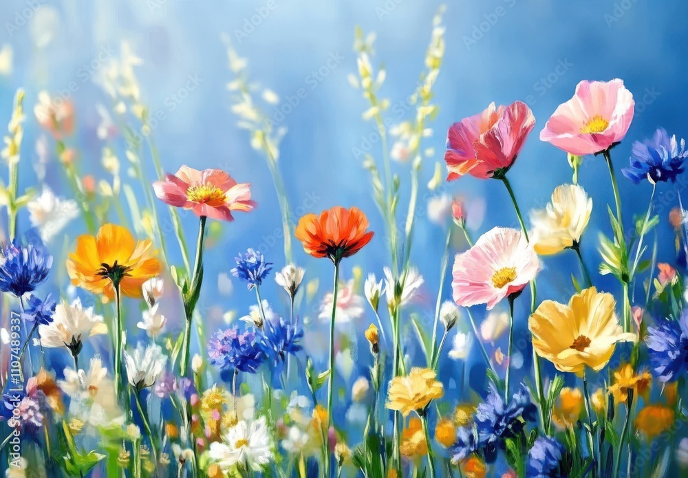 Obraz premium A Vibrant Field of Colorful Wildflowers in Full Bloom Against a Soft Blue Sky, Capturing the Essence of Nature's Beauty and Serenity