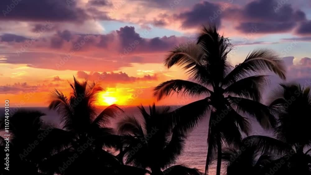 Paisagem da praia com palmeiras ao pôr-do-sol.
