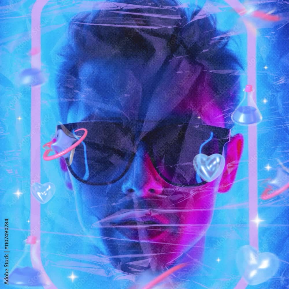 Rosto de um homem com luzes em neon.