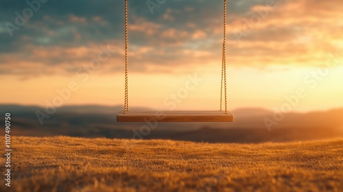 A wooden swing is suspended in the air, with a beautiful sunset in the background. Scene is peaceful and serene, as the swing seems to be suspended in time, capturing the beauty of the sunset