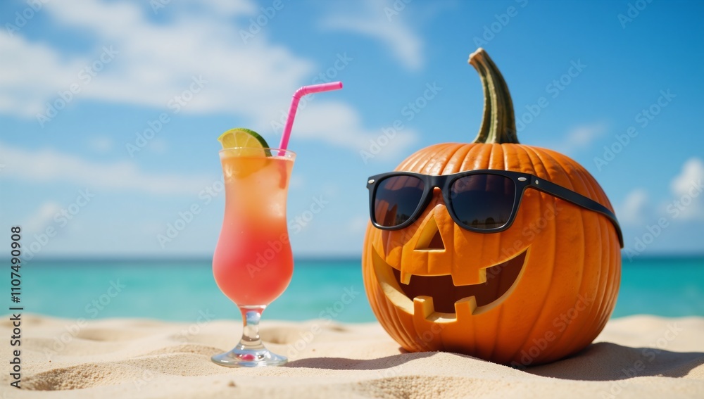 Whimsical carving Pumpkin sporting sunglasses on a breezy tropical beach with drinks and sunshine