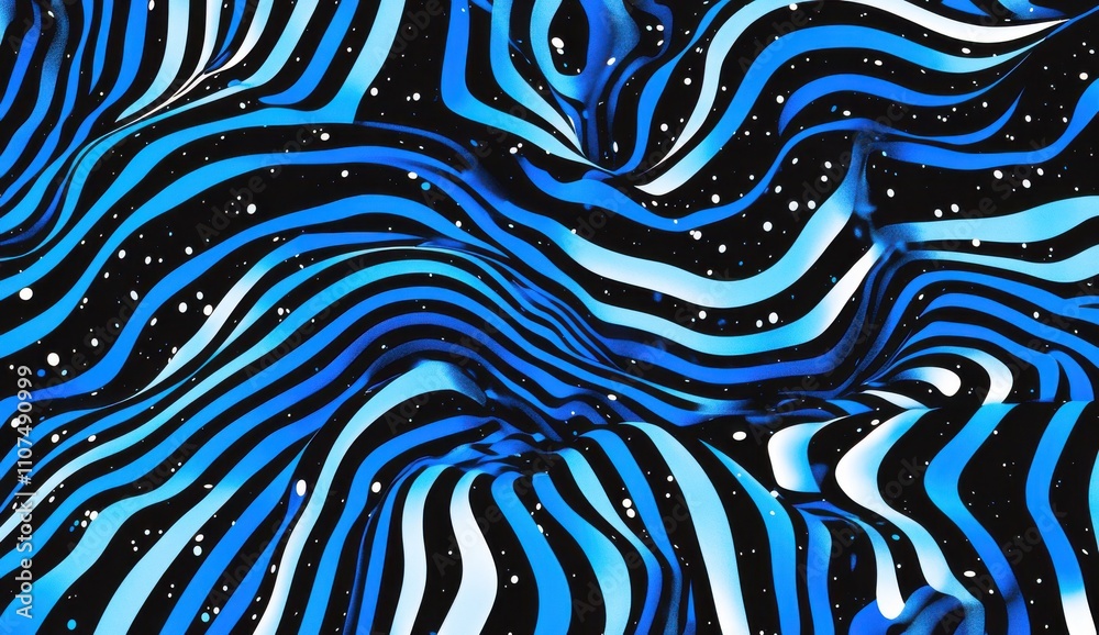 Obraz premium Abstract Blue and Black Wave Pattern with Curved Stripes and Sparkling Dots, Perfect for Backgrounds, Textures, and Modern Designs in Digital Art or Print Media