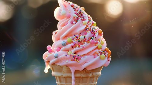 retro ice cream display, melting pink soft serve cone with sprinkles, marshmallows, candy, dripping in sun, mm film, s style, lit dramatically photo