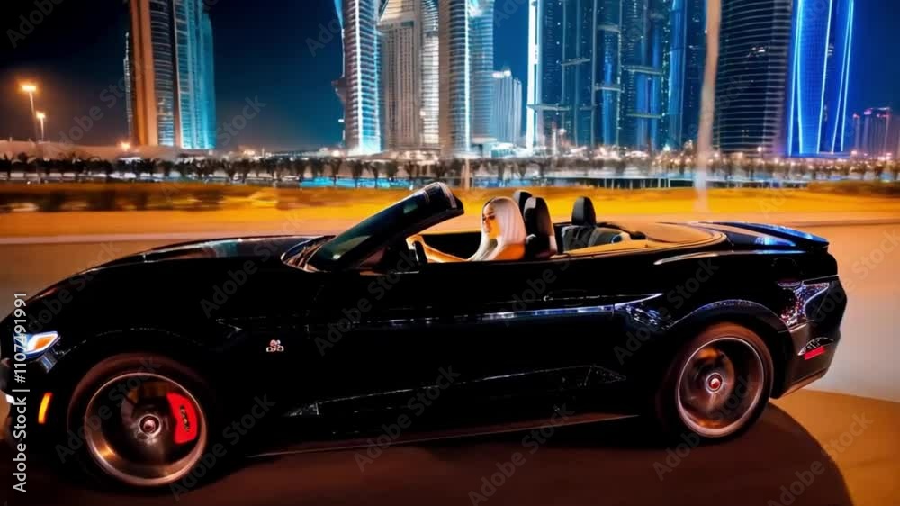 Uma mulher dirigindo um carro conversível a noite.