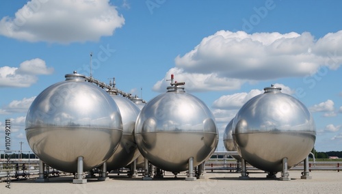 Liquified Gas Storage Industrial landscape featuring spherical bpvc tanks in a blue-sky setting among oil refineries photo