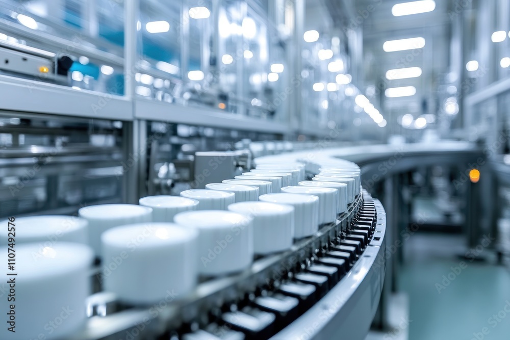 Fototapeta premium White containers moving on a curved conveyor belt in a modern factory.