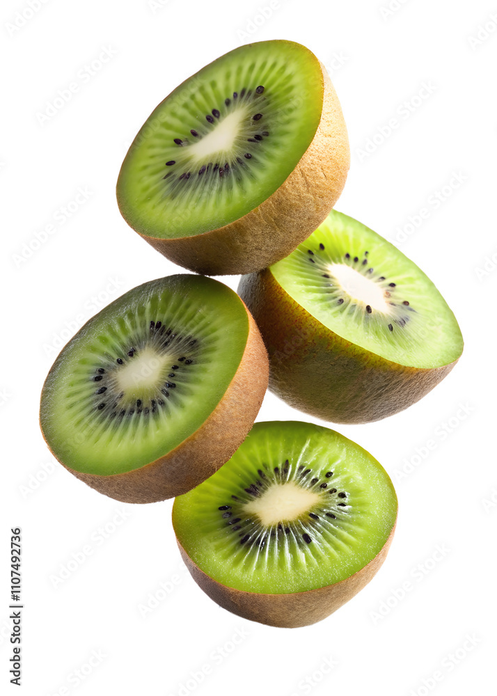 Fototapeta premium Kiwis slices Floating in mid-air isolated on transparent background