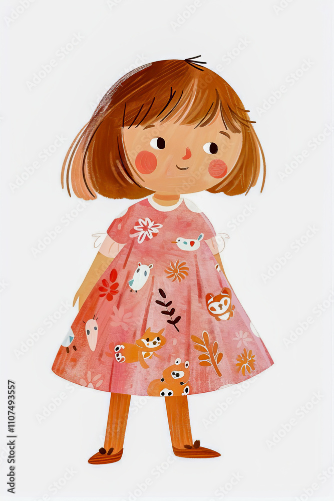 A cheerful young girl wearing a pink dress with playful animal patterns, standing confidently against a plain background. A cheerful young girl wearing a pink dress with playful animal patterns, standing confidently against a plain background.