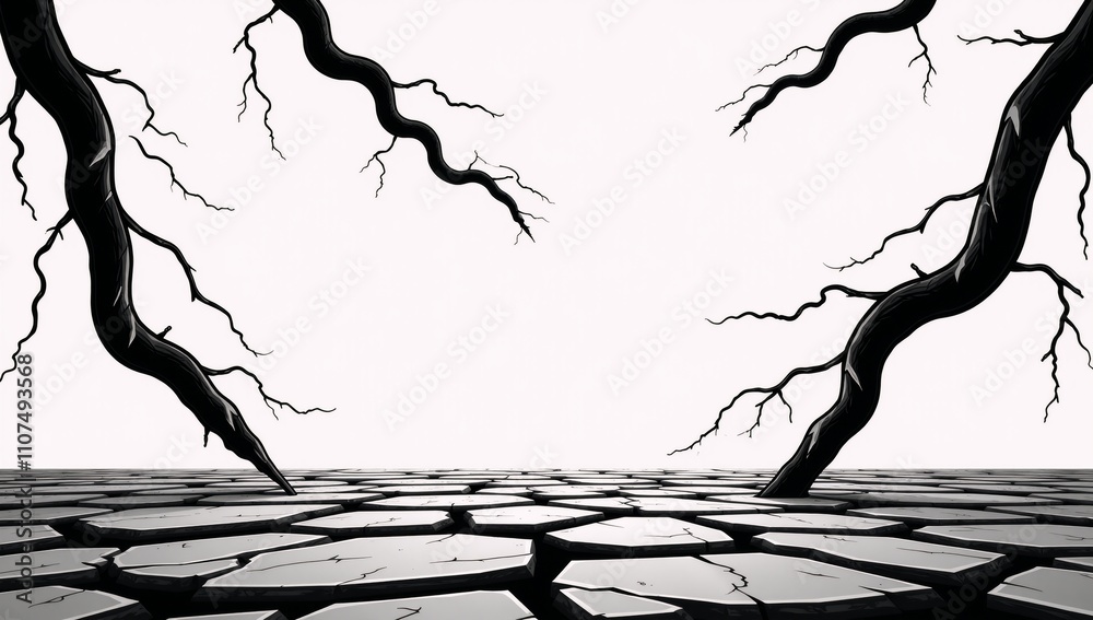 Vector Cartoon Illustration featuring black lightning silhouettes and isolated thunderbolts against a white background set on cracked earth with rock formations or the ground beneath