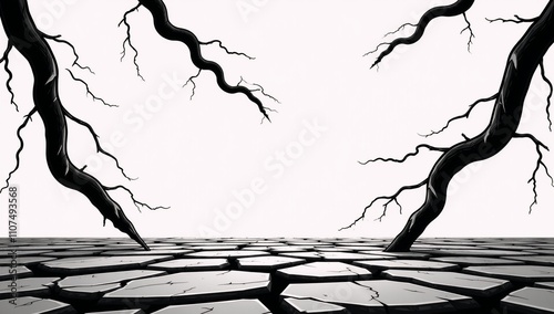 Vector Cartoon Illustration featuring black lightning silhouettes and isolated thunderbolts against a white background set on cracked earth with rock formations or the ground beneath