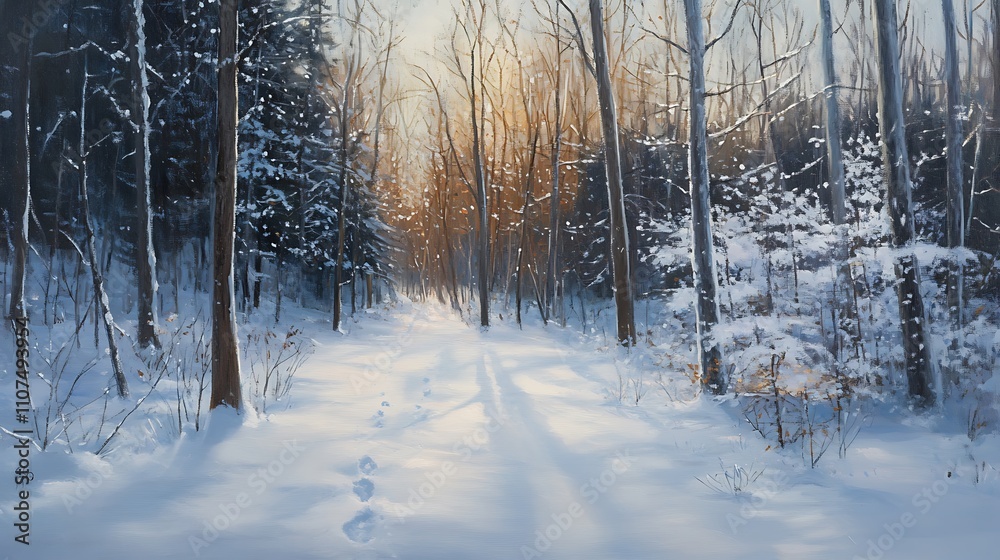 Obraz premium Snowy Winter Path Through A Sunlit Forest