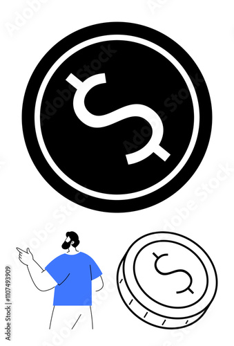 Large black dollar coin symbol with a human figure wearing a blue shirt pointing and a smaller coin sketch below. Ideal for financial apps, investment guides, banking services, business planning