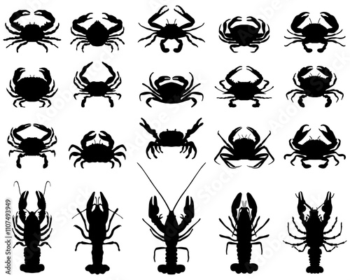 Black silhouettes of crawfish and crab on a white background			