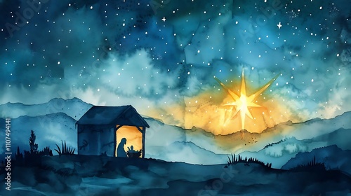 Watercolor painting of the nativity scene with a bright star in the night sky.