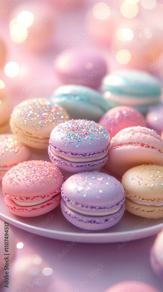 Obraz premium A close-up shot of a plate of colorful macarons with pink, purple, blue, and yellow frosting and a sprinkle of glitter on top.