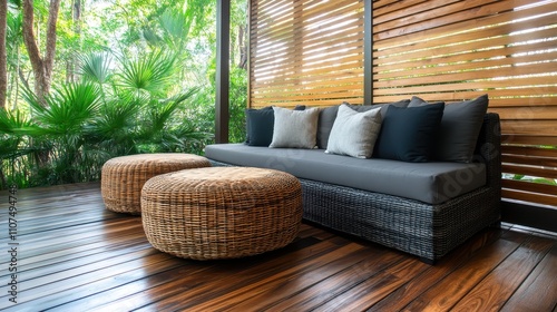 A contemporary seating area with a comfortable sofa and rattan accents sits under wooden slats, offering a peaceful retreat with lush greenery around. photo