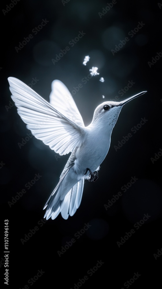 Obraz premium A white hummingbird in flight against a dark background with a light source behind it, creating a halo effect around the bird.