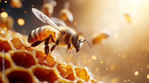 A lone bee perfectly captured as it lands on a honeycomb, surrounded by a soft, golden glow that illuminates the detailed textures of both insect and structure. photo