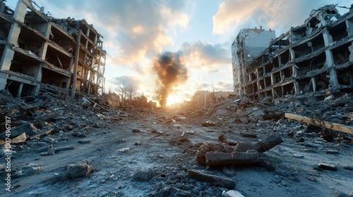 The sun's rays illuminate a massive explosion amidst the devastating remains of a city, with debris and ruin conveying the finality of human conflict. photo