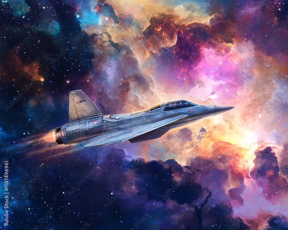 Obraz premium Futuristic jet fighter soaring through a vibrant nebula. A digital painting depicting interstellar travel and advanced aerospace technology.