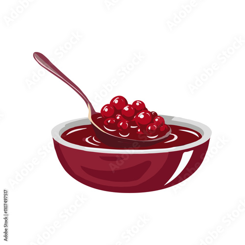Bowl of cranberry sauce with a spoon scooping berries, depicted in a clean graphic style, isolated on white background