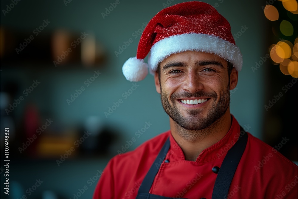 Portrait of a young male chef wearing a red uniform and santa hat with a friendly smile. Promotes themes of culinary arts and professionalism Portrait of a young male chef wearing a red uniform and santa hat with a friendly smile. Promotes themes of culinary arts and professionalism