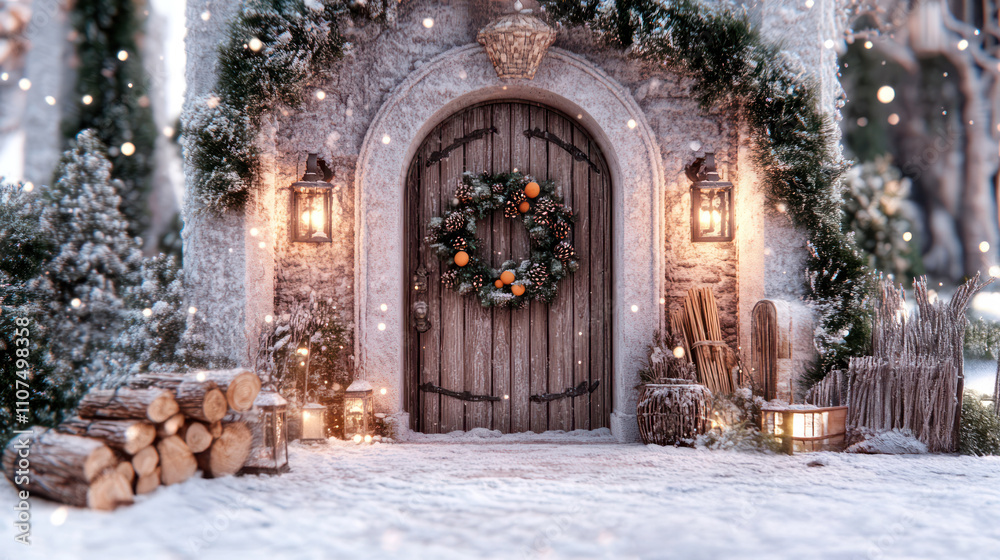 Fototapeta premium A cozy winter scene featuring a wooden barn door adorned with a festive wreath, surrounded by stacked firewood and snow-covered boots.