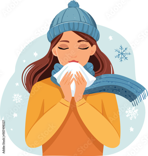 A girl with a runny nose in cold weather